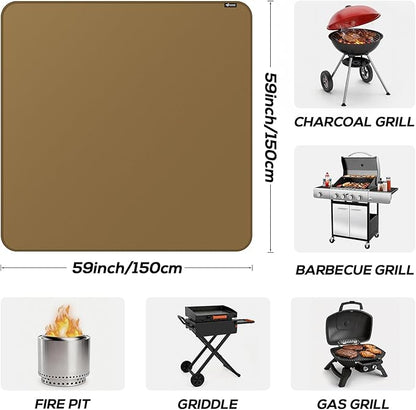FLASLD Heavy-Duty Under Grill Mat 59inch Square Fire Pit Mat,3 Layers Fireproof Waterproof Grill Pads Protect for Deck,Patio,Outdoor Charcoal,Smokers,Wood Floor,Indoor Brown Fireplace Reusable