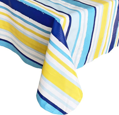 Newbridge Sun Wave Beach Stripe Flannel Back Vinyl Tablecloth - Navy, Yellow, White and Blue Wavy Striped Vinyl Indoor/Outdoor Waterproof, Patio, BBQ Tablecloth, 60 Inch x 84 Inch Oval