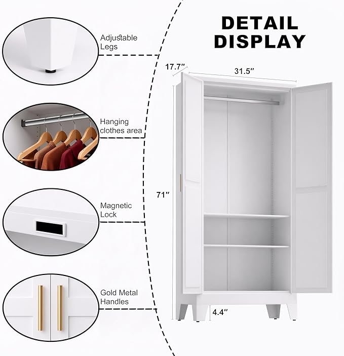 71" H White Pantry Cabinet,Metal Storage Cabinets with Doors and Shelves,Tall Food Kitchen Cabinets,Farmhouse Kitchen Cabinet,Freestanding Cabinet