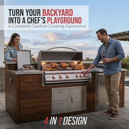 BLAZE BBQ Outdoor Package 11 of 40” LTE Built-in Natural Gas Grill, Single Side Burner, 32” Door & Two Drawers Combo, 24” Refrigerator, Grill Cover, Fridge Trim, Rotisserie Kit and Accessories