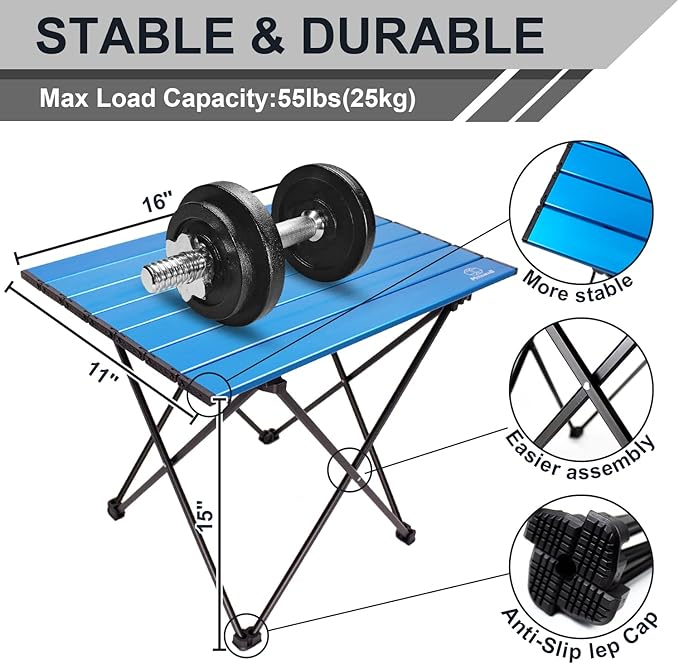 MSSOHKAN Camping Table Folding Portable Camp Side Table Aluminum Lightweight Carry Bag Beach Outdoor Hiking Picnics BBQ Cooking Dining Kitchen Blue Small