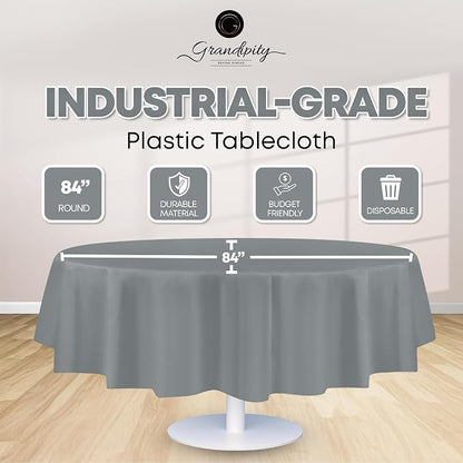 Grandipity 12 Pack Premium Disposable Plastic Tablecloth 84" Inch Decorative Round Table Cover - Silver