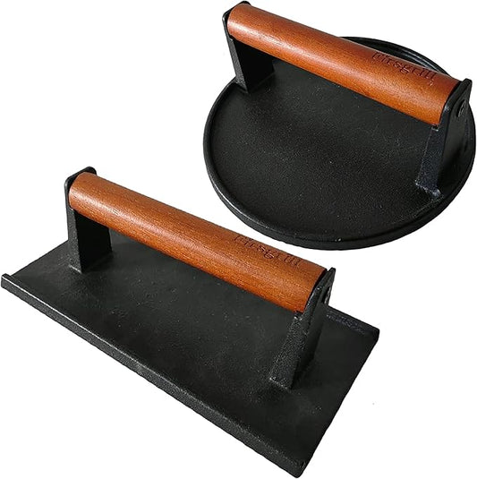 Firsgrill Burger Press 7.08" Round & 8.3”X4.3”Rectangle Heavy-Duty Cast Iron Smash Meat Steak With Wood Handle for Blackstone Camp chef Pitboss Weber Treager Griddle Grills (Round & Rectangle)