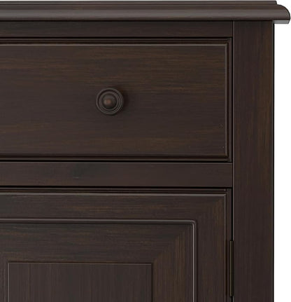 SIMPLIHOME Connaught 67" Sideboard Cabinet in Dark Chestnut Brown | Traditional 4-door dining room buffet with 2 drawers and adjustable shelves for organized kitchen or living room storage.
