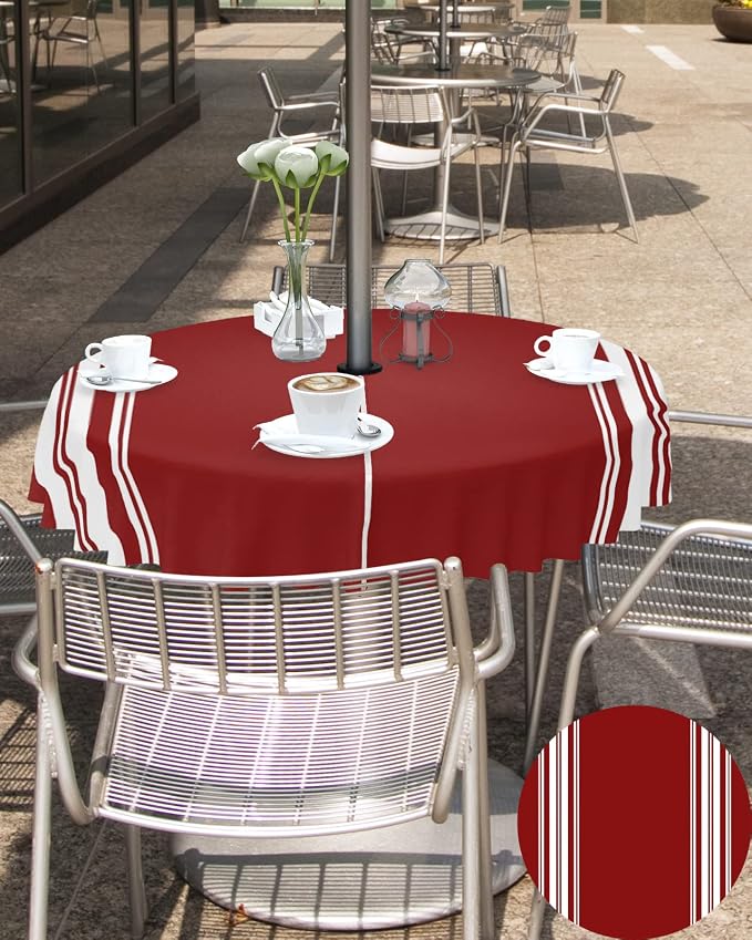 QueenKer Outdoor Tablecloth with Umbrella Hole, Farmhouse Wine Red White Stripe Round Tables Waterproof Tabletop Collection for Patio, Garden, Picnic, Camping, Dining 54R