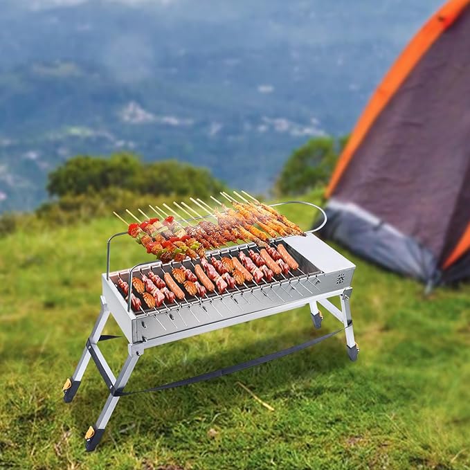 Free Standing Portable Stainless Steel Charcoal Grill USB Outdoor 17 Grill Slots for Outdoor BBQs, Camping, Tailgating & Travel Included Charcoal Grate & Fork (Silver)