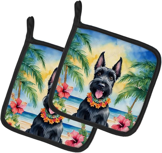 Caroline's Treasures Scottish Terrier Luau Pair of Pot Holders Kitchen Heat Resistant Pot Holders Sets Oven Hot Pads for Cooking Baking BBQ, 7 1/2 x 7 1/2