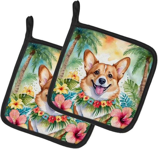Caroline's Treasures Corgi Luau Pair of Pot Holders Kitchen Heat Resistant Pot Holders Sets Oven Hot Pads for Cooking Baking BBQ, 7 1/2 x 7 1/2