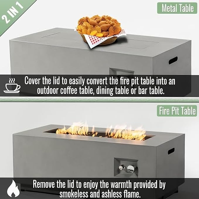 42" Propane Fire Pit Table, 2-Pieces 50,000 BTU Outdoor Gas Firepit with Wind Guard Lid, Rectangular Steel Fire Table for Patio, Backyard, Deck, All-Weather Steel Frame