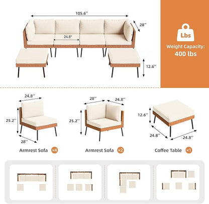 Aoxun 6-Piece Patio Furniture Set, Wicker Outdoor Furniture with Water Resistant Thick Cushions, Patio Conversation Set Outdoor Sectional Sofa with Coffee Table for Backyard Poolside, Beige