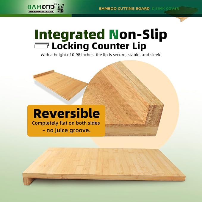 BAMOTTO CRAFTBAMBOO 12.5x20.4 Inch Bamboo Cutting Board, Built-in Front Lip, Flat Both Sides, Non-Slip RV Camper Stove Cover, Over Sink Chopping Board for Small Kitchen, Lightweight 4.76 lbs
