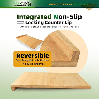 BAMOTTO CRAFTBAMBOO 12.5x20.4 Inch Bamboo Cutting Board, Built-in Front Lip, Flat Both Sides, Non-Slip RV Camper Stove Cover, Over Sink Chopping Board for Small Kitchen, Lightweight 4.76 lbs