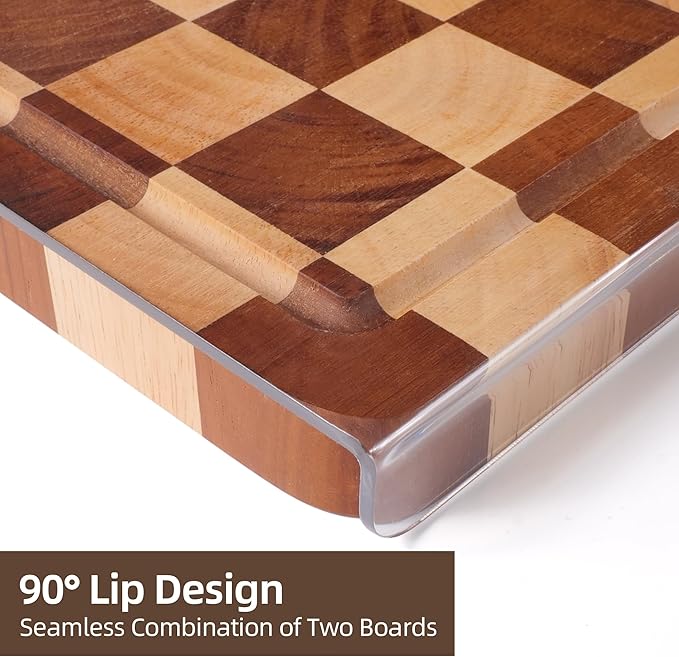 Cutting Board Set of 2 – Checkered Wood & Acrylic Cutting Board with Counter Lip for Kitchen Counter, Wood Checkerboard Chopping Board with Juice Grooves for Vegetables, Fruits, Meat