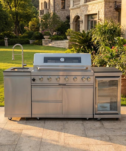 Outdoor Kitchen Island Barbecue Grill with Refrigerator & Rotisserie, Heavy-Duty Stainless Steel Freestanding Grills Station, Weather-Resistant Cooking Cabinet for Backyard & Summer Propane Gas