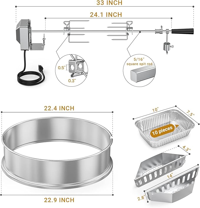 onlyfire Upgrade Stainless Steel Rotisserie Ring Kit for Weber 22-inch Kettle Charcoal Grills, Comes with Charcoal Baskets and 10 Pack Drip Pans