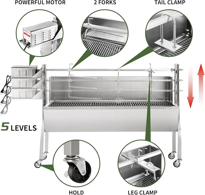 Kendane Rotisserie Grill Charcoal Spit Roaster, Stainless Steel 46" Pig Lamb Hooded Roaster Charcoal Spit with 30W Motor & Adjustable Height Lockable Casters for Party Barbecue, Rated 150 LB