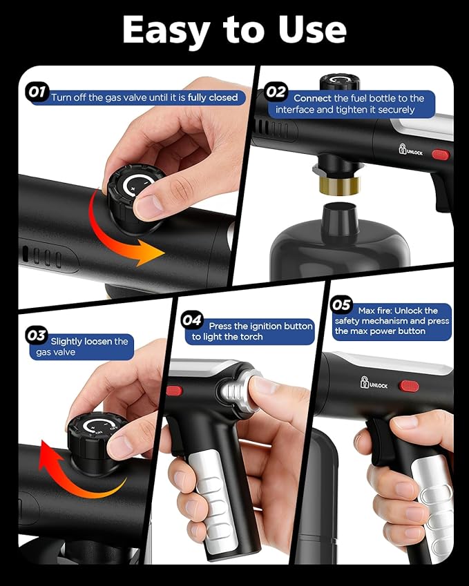 Propane Torch Gun & Weed Burner Torch - Adjustable Flame Thrower Gun with Safety Lock & One-Touch Max Fire, Cooking Blow Torch for Searing, Charcoal Starter, BBQ & Weeding (Tank Not Included)