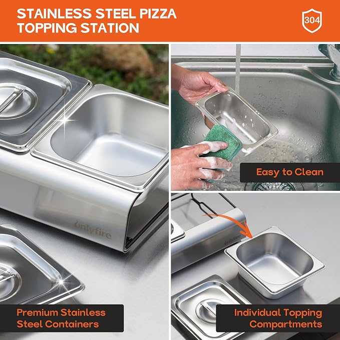 Onlyfire Pizza Topping Station, Stainless Steel Condiment Seasoning Containers with Lid and 5 Compartment Trays for Prepping Ingredients and Toppings, Pizza Oven Accessories Outdoor