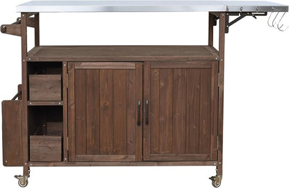 Christopher Knight Home Edsel Outdoor Bar Cart with Stainless Steel Top and Lockable Wheels, Solid Wood Outdoor Storage Cabinet, Kitchen Island Serving Cart for Poolside, Garden, Brown+Silver