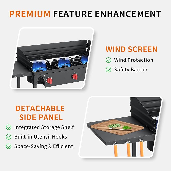SKOK 3 Burners Camping Propane Stove with Wind Panel&Side Shelves, Portable Gas Stove, Outdoor Stove for Camping