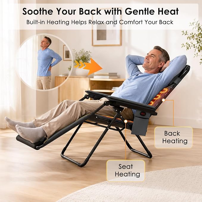 Suteck Heated Zero Gravity Chair, 400LBS 30.3" Padded Antigravity Chairs | Reclining Camping Chair with Headrest, Upgraded Lock, Large Cup Holder and Footrest, Patio Lounge Recliner for Indoor Outdoor