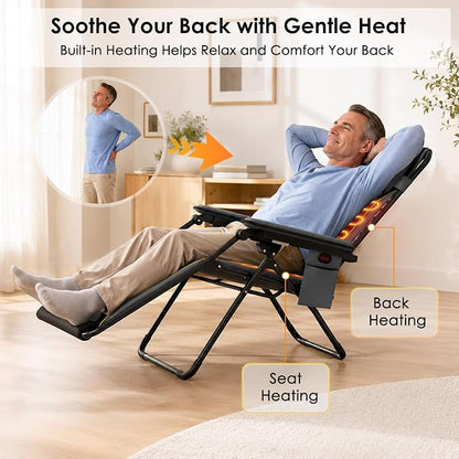 Suteck Heated Zero Gravity Chair, 400LBS 30.3" Padded Antigravity Chairs | Reclining Camping Chair with Headrest, Upgraded Lock, Large Cup Holder and Footrest, Patio Lounge Recliner for Indoor Outdoor
