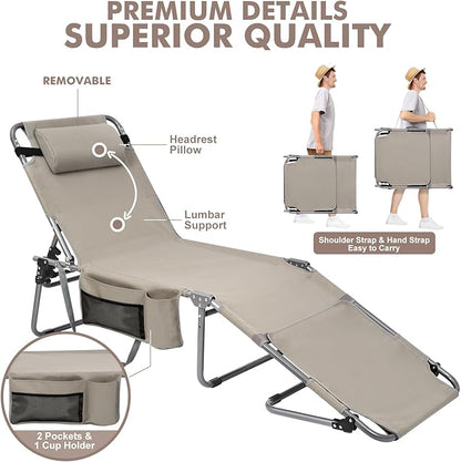 Tanning Chair with Sun Canopy Face Hole Softer Padded Adjustable Washable, Heavy Duty Layout Folding Lounge Chair for Adults Outside Beach Reading Sunbathing Poolside Lawn, UPF 50+ Sun Shade, 300 LBS