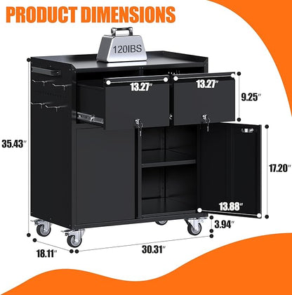 Aobabo Rolling Metal Storage Cabinet with Wheels, Heavy Duty Steel Garage Tool Cabinet with 2 Drawers, Pegboard & 4 Hooks, Lockable Mobile Organizer with Adjustable Shelves, Black, Assembly Required