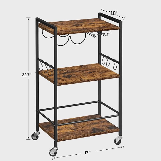 TUTOTAK Bar Cart with Wheels, Mini Drink Cart with Wine Rack & Glass Holder | 3-Tier 17 Inch Wide Home Bar Serving Carts, Small Mobile Kitchen Shelf with 6 Hooks, Rustic Brown BC01BB035