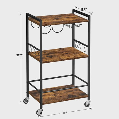 TUTOTAK Bar Cart with Wheels, Mini Drink Cart with Wine Rack & Glass Holder | 3-Tier 17 Inch Wide Home Bar Serving Carts, Small Mobile Kitchen Shelf with 6 Hooks, Rustic Brown BC01BB035
