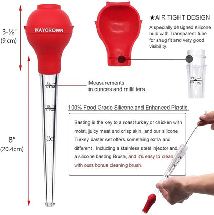 KAYCROWN Turkey Baster Commercial Grade Quality Silicone Bulb Including 2 Meat Marinade Injector Needles with Barbecue Basting Brush and Cleaning Brush for Easy Clean Up