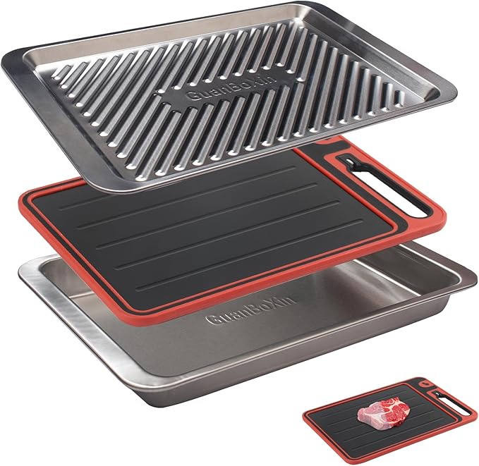 Grilling Prep and Serve Trays, Set of 3 Stackable Stainless Steel BBQ Trays with Cutting Board, Deep Marinating Container, Serving Platter for Plating Food, BBQ Prep Tub for Marinating Meats