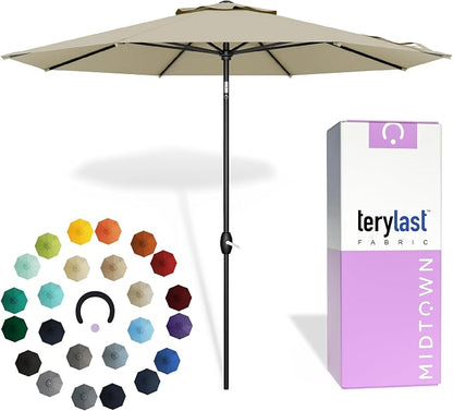 Midtown Umbrellas - 10-Year-No-Fade 10 Ft Patio Umbrella with Terylast Fabric, Auto-Tilt Aluminum Frame and 8 Reinforced Ribs for Deck, Pool, Garden & Beach - Chestnut Beige Canopy, Black Pole