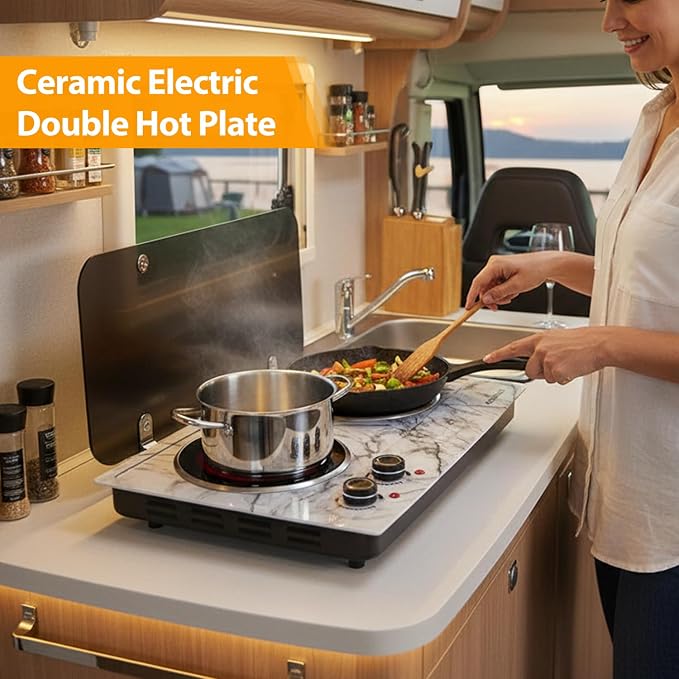 CUSIMAX Hot Plate, 1800W Double Burner Hot Plate for Cooking, White Marble | Portable Infrared Cooktop with Dual Temperature Control/Heat-up in Seconds/Overheating Protectio/Stainless Steel/Easy Cleanup