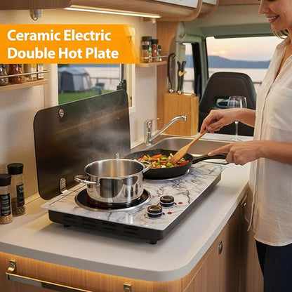 CUSIMAX Hot Plate, 1800W Double Burner Hot Plate for Cooking, White Marble | Portable Infrared Cooktop with Dual Temperature Control/Heat-up in Seconds/Overheating Protectio/Stainless Steel/Easy Cleanup