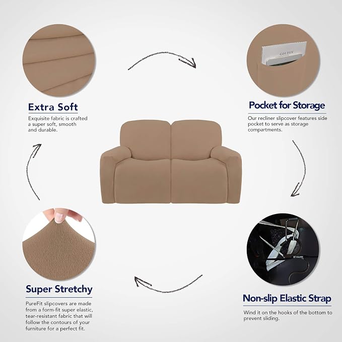 PureFit Super Stretch Loveseat Recliner Sofa Couch Cover with Pocket | 2 Seats Non Slip Soft Sofa Slipcover, Washable Reclining Furniture Protector for Kids, Pets (Recliner Loveseat, Camel)