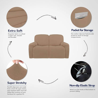 PureFit Super Stretch Loveseat Recliner Sofa Couch Cover with Pocket | 2 Seats Non Slip Soft Sofa Slipcover, Washable Reclining Furniture Protector for Kids, Pets (Recliner Loveseat, Camel)