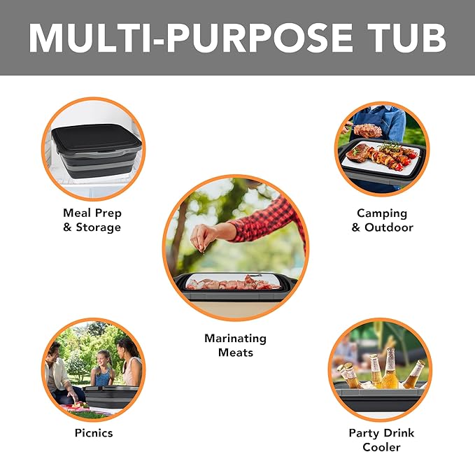Collapsible Cutting Board(2.11 Gal/8L), BBQ Prep Tub with Locking Lid, Foldable Camping Sink with Colander, Multifunction Dish Basin for Kitchen, Bowl, Vegetable and Fruit, Storage Basket for Picnic