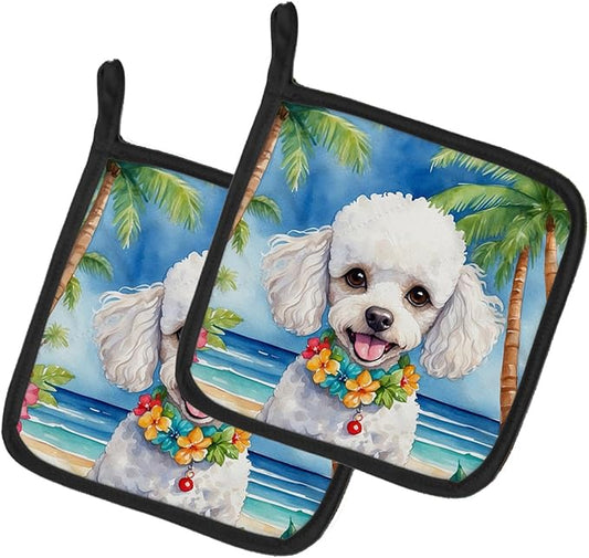 Caroline's Treasures White Poodle Luau Pair of Pot Holders Kitchen Heat Resistant Pot Holders Sets Oven Hot Pads for Cooking Baking BBQ, 7 1/2 x 7 1/2