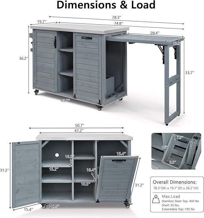 78.3" Outdoor Kitchen Island with Foldable Grill Table, Wooden Outdoor Grill Cart with Trash Can Storage & Stainless Steel Top, Outdoor Bar Cart, Pizza Oven Table for Lawn & Garden (Grey+Blue@76)