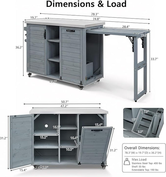 78.3" Outdoor Kitchen Island with Foldable Grill Table, Wooden Outdoor Grill Cart with Trash Can Storage & Stainless Steel Top, Outdoor Bar Cart, Pizza Oven Table for Lawn & Garden (Grey+Blue@76)