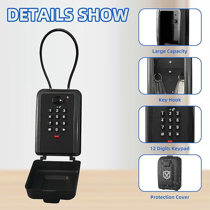 Flexible Steel Cable Lock Box for Keys, 12-Digit Combination Key Safe with Resettable Code, Large Capacity Weatherproof Outdoor Lockbox for House Keys, Home, Garage, Black