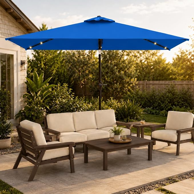 6.5 x 10ft Rectangular Patio Umbrella with Solar Lights, 16 LED Lighted Market Umbrella with Push-Button Tilt and Crank, 6 Sturdy Iron Ribs for Garden, Deck, Pool, Royal Blue