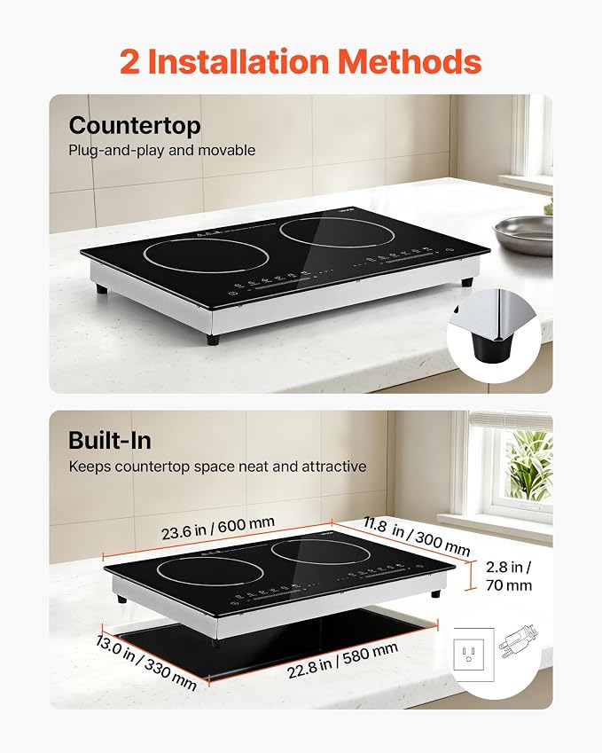 VEVOR Electric Cooktop 24inch 2 Burners Portable Stove Top 1800W 120V, Ceramic Countertop/Built-in Radiant Electric Stove, with 9 Power Levels, Timer, Child Lock, Over-Heat Guard, Touch Control
