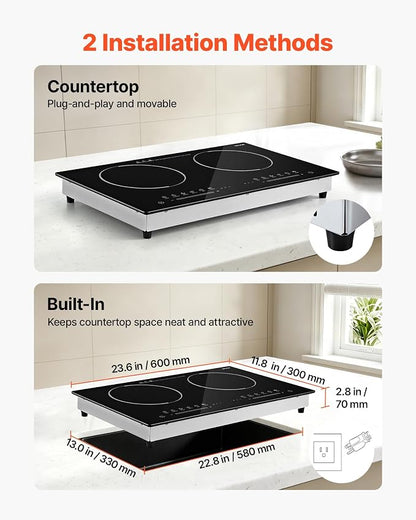 VEVOR Electric Cooktop 24inch 2 Burners Portable Stove Top 1800W 120V, Ceramic Countertop/Built-in Radiant Electric Stove, with 9 Power Levels, Timer, Child Lock, Over-Heat Guard, Touch Control