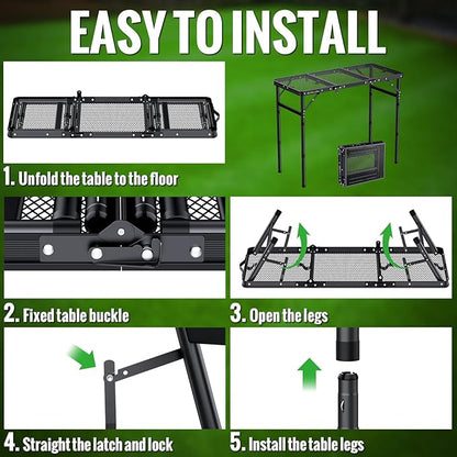 GARLLEN Folding Grill Table Max Capacity 66lbs, 3 Adjustable Height Portable Folding Camping Table with Heat-Resistant Mesh Tabletop, Aluminum Picnic Table for Outdoor, BBQ, Camping, 34.2"L x 15.7"W