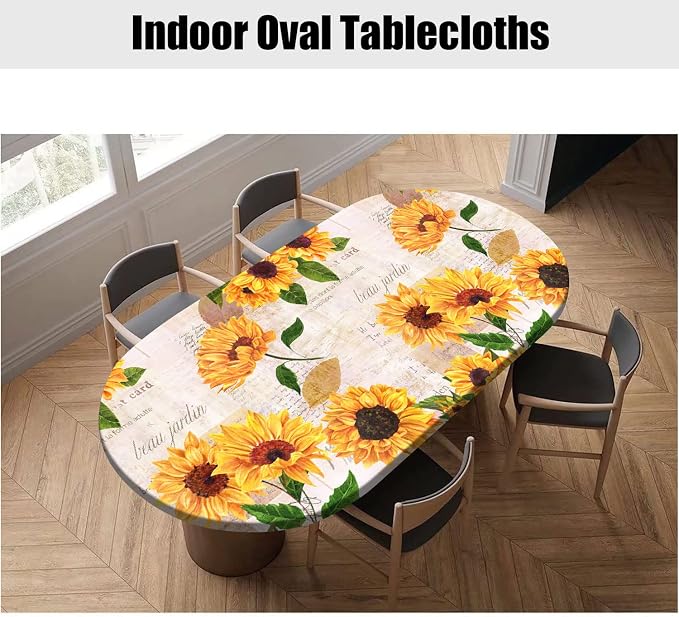 Oval Sunflower Fitted Tablecloths, Vintage Yellow Sunflower with Newspaper Backdrop Elastic Edged Table Cover, Wrinkle Resistant Table Cloths for Indoor Family Banquet Use, Fits to 42x60 In Table