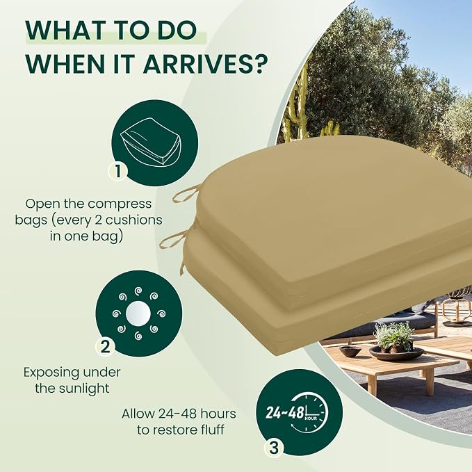 HARBOREST Outdoor Chair Cushions Set of 2, Water Resistant Patio Chair Cushions with Ties, Outdoor Seat Cushions for Patio Furniture, 17"x16"x2", Khaki