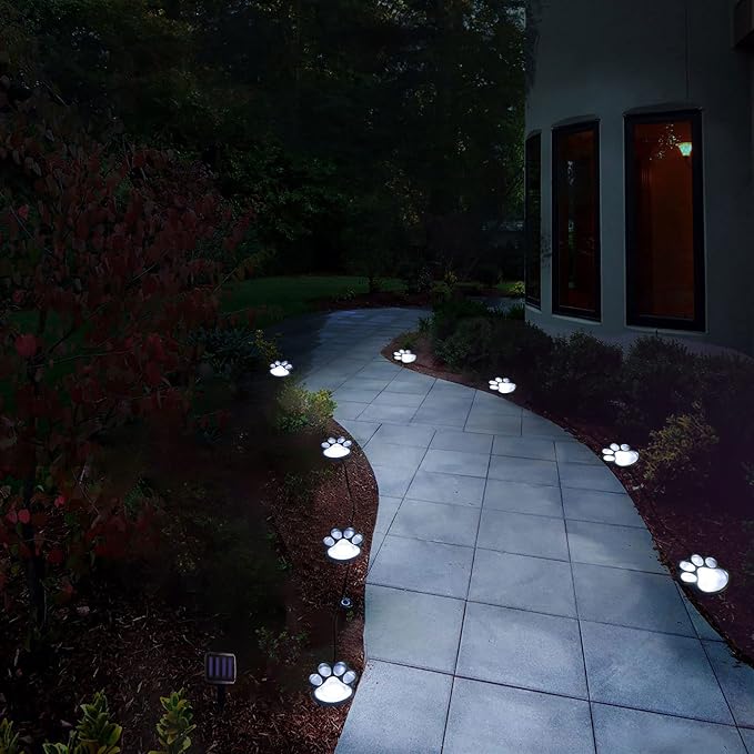 16.8ft Paw Print Solar Lights - Dog Cats Animal Solar String Lights (Set of 8) Outdoor Waterproof, Cat Puppy Animal Décor Walkway Lighting, Gifts for Pet Lovers (Cold White)