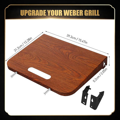 QuliMetal Foldable Side Shelf for Weber Searwood 600 & 600XL Grill, Wood Grain Finish Metal Side Table with Built-in Hooks, Natural Wood Look Grill Side Shelf Accessory